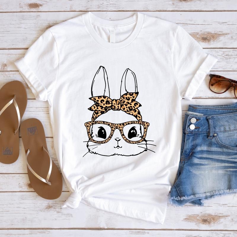 Bunny With Leopard Bandana Shirt, Easter T-shirt, Cute Rabbit With Glasses Tee, Rabbit Lover Gift Tee For Woman, Gift For Her.