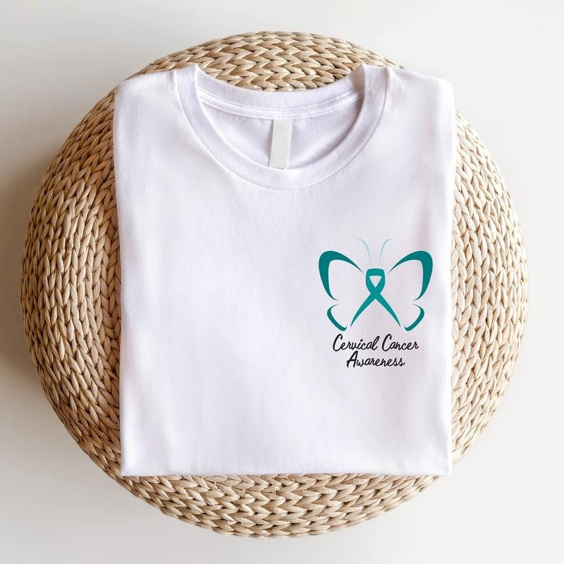 Butterfly Cervical Cancer Shirt, Teal Ribbon Pocket Size T-Shirt, Matching Support Tee, Survivor Gift Shirt, Cancer Shirt for Women.