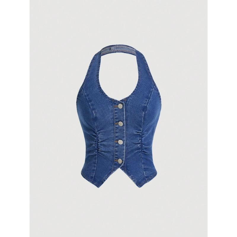 Button Front Denim Jacket Vest Sleeveless Vintage Halter Jean Crop Tank Top Womenswear