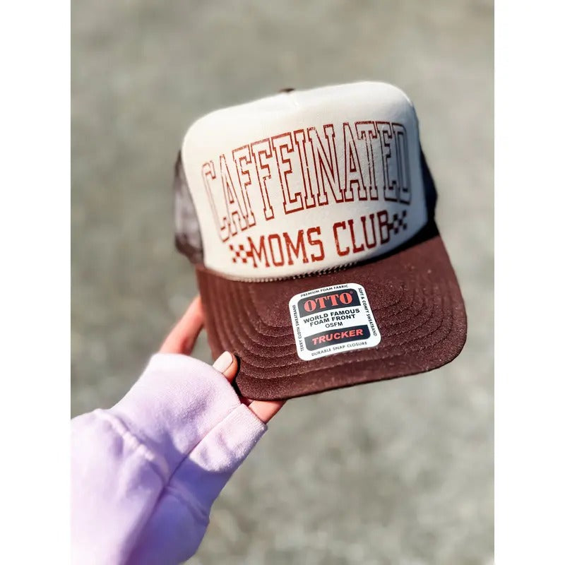 CAFFEINATED MOMS CLUB BROWN TAN TRUCKER HAT