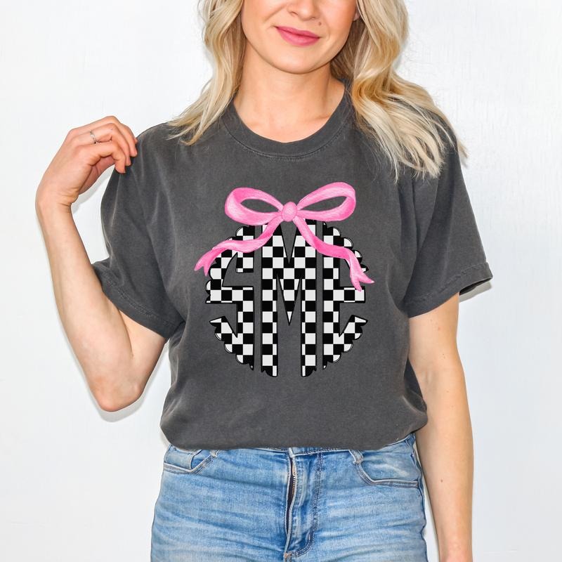 *CUSTOMIZABLE* Bow & Black Checker Monogram Comfort Colors T-Shirt 'NLB'