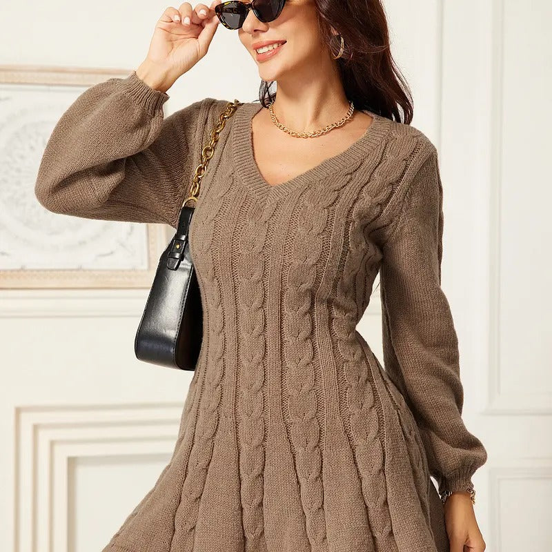 Cable Knit Short V Neck Sweater Dress Soild Long Bishop Sleeve Flared Dresses