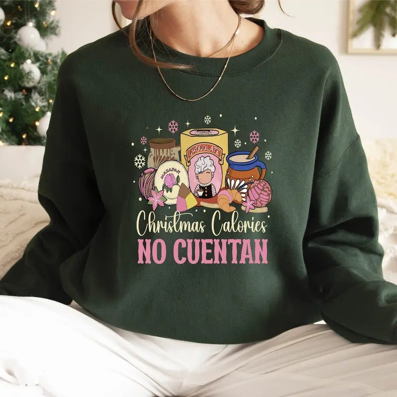Cafe Abuelita Sweatshirt, Christmas Calories No Cuentan Hoodie, Latina, Pan Dulce Tee, Concha Knit Womenswear Cotton Fabric Fit Bottom Casual Collar