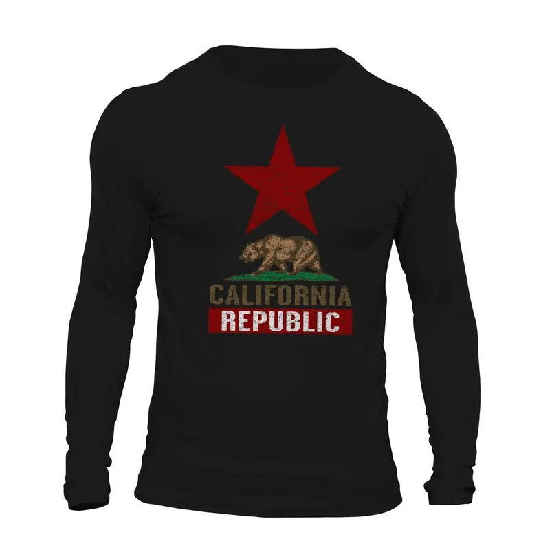 California Republic Top Star Long Sleeve Men's T-Shirt Casual Crewneck Classic Cotton Menswear Soft
