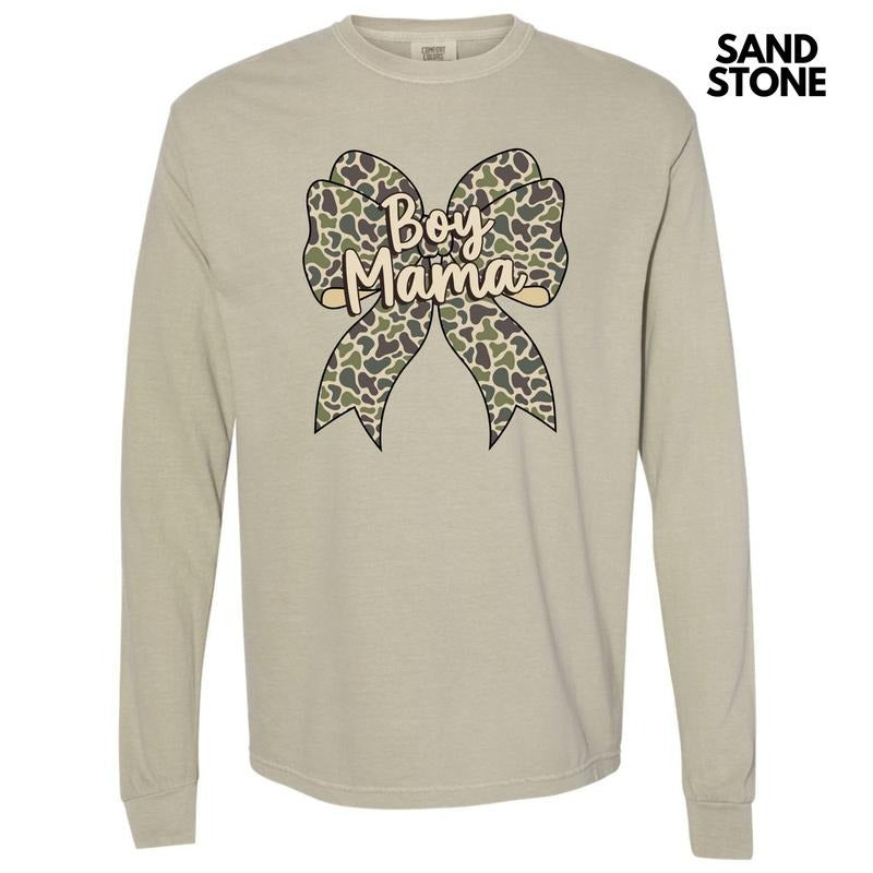 Camo Boy Mama Bow Long Sleeve Comfort Colors T-Shirt 'NLB'