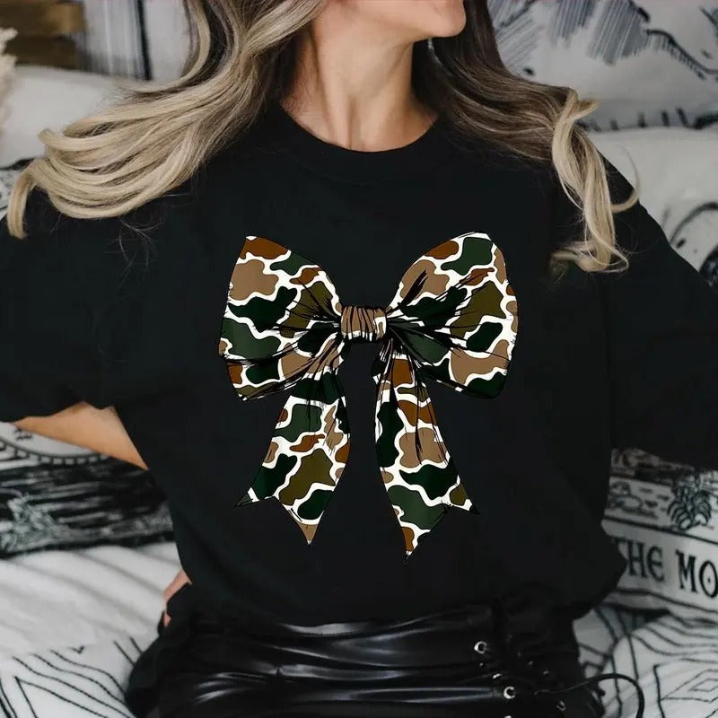 Camo Coquette Bow Sweater, Dove Season, Girls Camo Bow Tee, Hunting Coquette Bow, Full Sizes, Full Colors