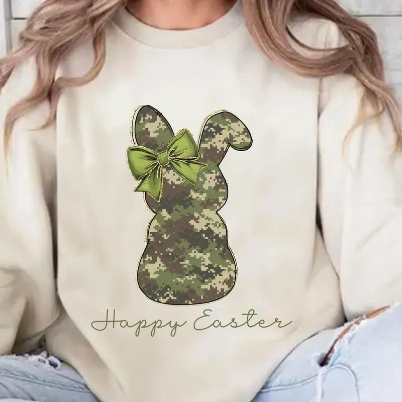 Camo Easter Rabbit Hoodie, Green Coquette Bow Easter Bunny Sweatshirt, Green Camo Easter Rabbit Shirt, Happy Easter's Day Gift