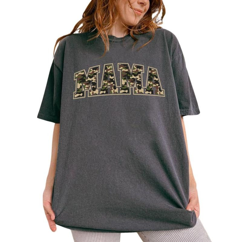 Camo Mama Tee, Print Letter Simple Design Graphic Tee Women, Mom Shirt, Shirt For Mom, Mommy Tee, Comfy Fabric Shirt For Mom, Mother's Day Gifts, Women's Tops, Womenswear, Cotton Fabric Relaxed Fit Chic Style