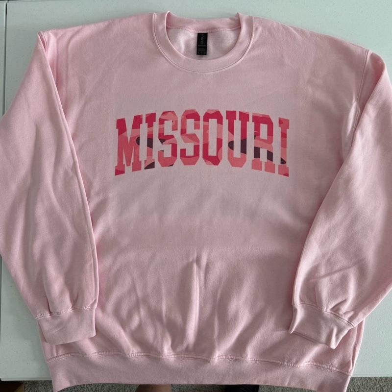 Camo State Name Sweatshirt Pink on Pink Comfortable Fall Varsity Pullover Women's Fashion Crew Neck Texas Tennessee Kentucky Alabama