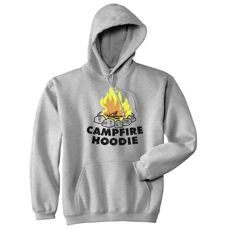 Campfire Hoodie Funny Happy Camper Summer Camping Outdoor Hooded Sweatshirt Funny Hoodies Funny Camping Pullover Novelty Sweatshirt Light Grey