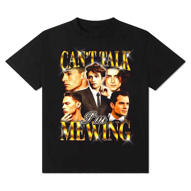 Can't Talk I'm Mewing T-Shirt! Cotton Casual Crew Neck Slim-fitting Plain Floral Striped Black Menswear Soft 3000 BC clothes