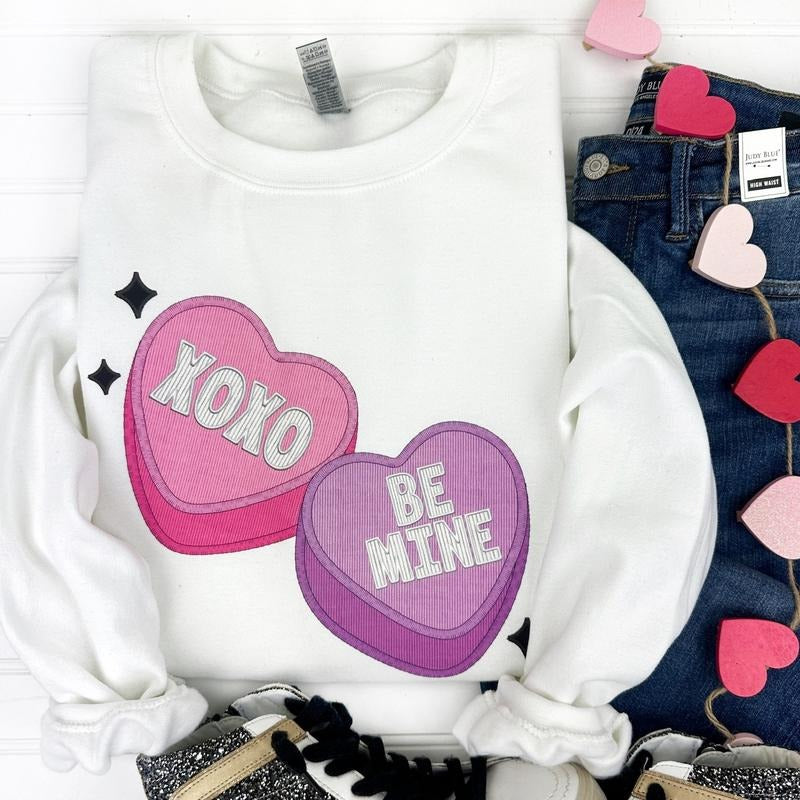 Candy Hearts FAUX Embroidery Gildan Sweatshirt