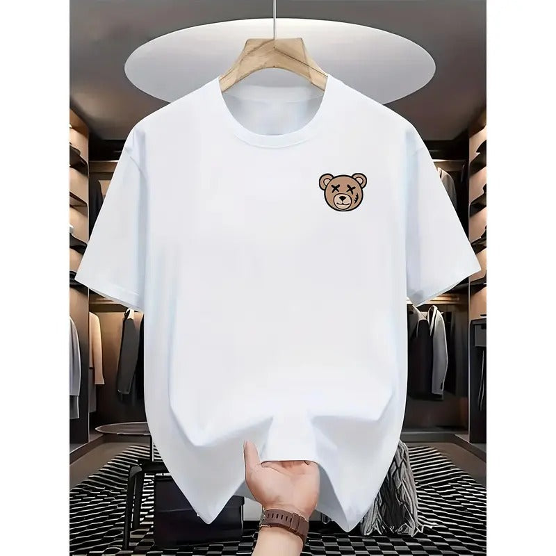Cartoon bear print men's casual cotton T-shirt, round neck, stretch fabric, fitted style, all-season fashion top, suitable for daily wear and outdoor activities Menswear Embroidered Tshirt Streetwear