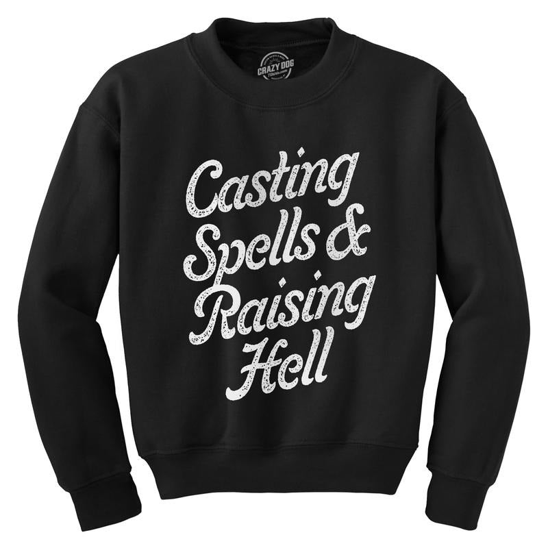 Casting Spells And Raising Hell Crewneck Sweatshirt Funny Spooky Halloween Witch Long Sleeve Funny Sweater Halloween Crew Neck Novelty Sweatshirts for Men Black -