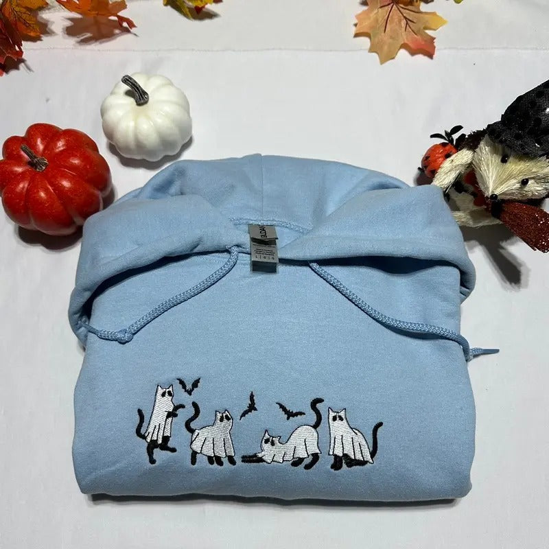 Cat Ghosts embroidered hoodie; Halloween embroidered hoodie; Spooky season casual sweaters Casual hooded Tops
