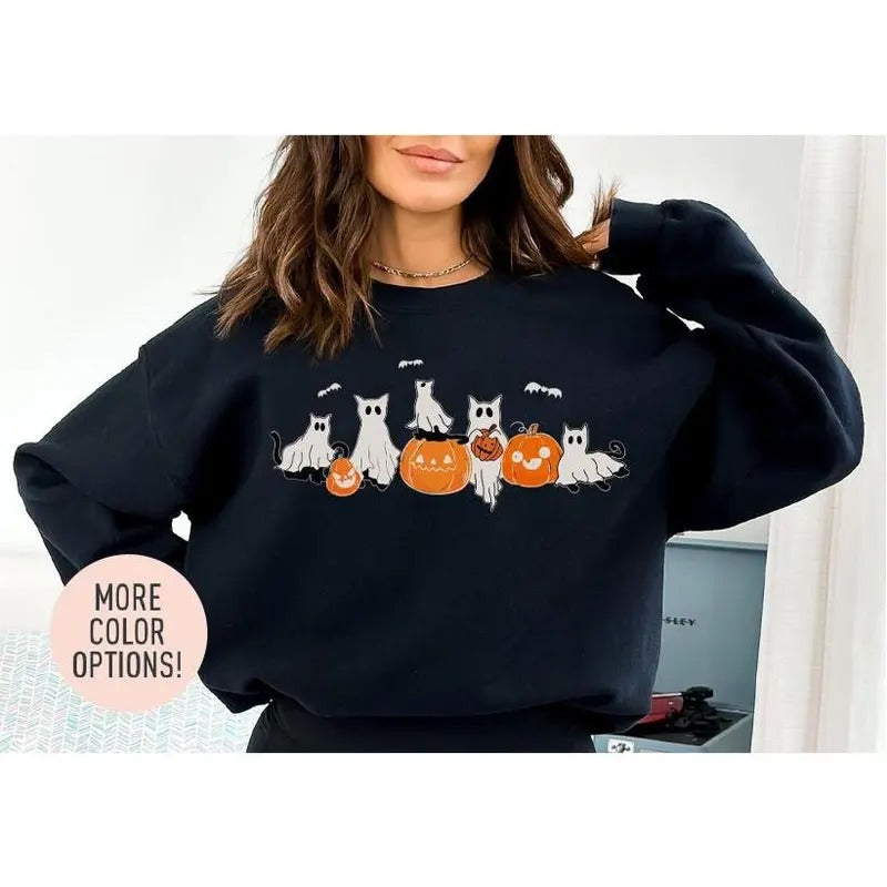 Cat Halloween Crewneck Sweatshirt, Halloween Cat Lover Sweater, Spooky Season Sweater, Halloween Season Gift