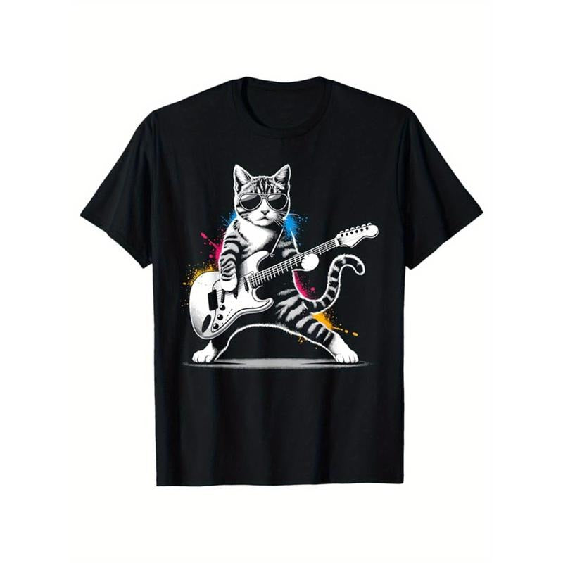 Cat Print Men'S Cotton T-Shirt, Pattern T-Shirt Men'S Outdoor Wear, Men'S Clothing, Casual Short-Sleeved Crew Neck T-Shirt, Soft And Comfortable Top made in usa