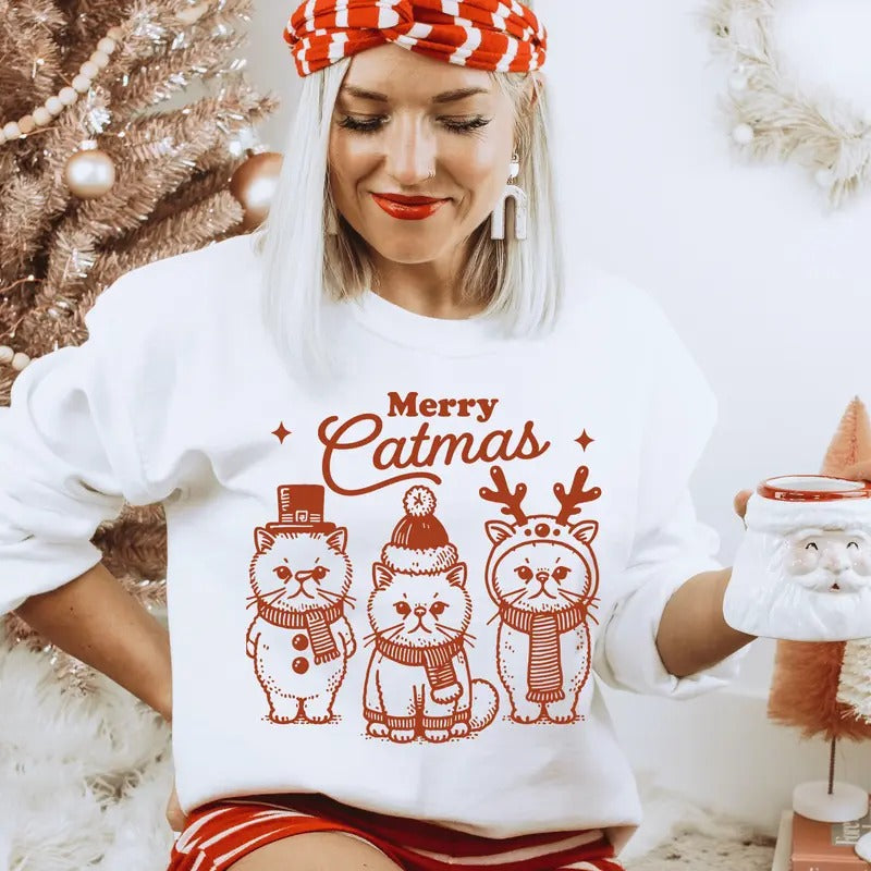 Catmas Christmas Crewneck Sweatshirt Casual Everyday Softstyle Christmas Unisex Pullover Sweatshirt. Perfect for Dog Lovers
