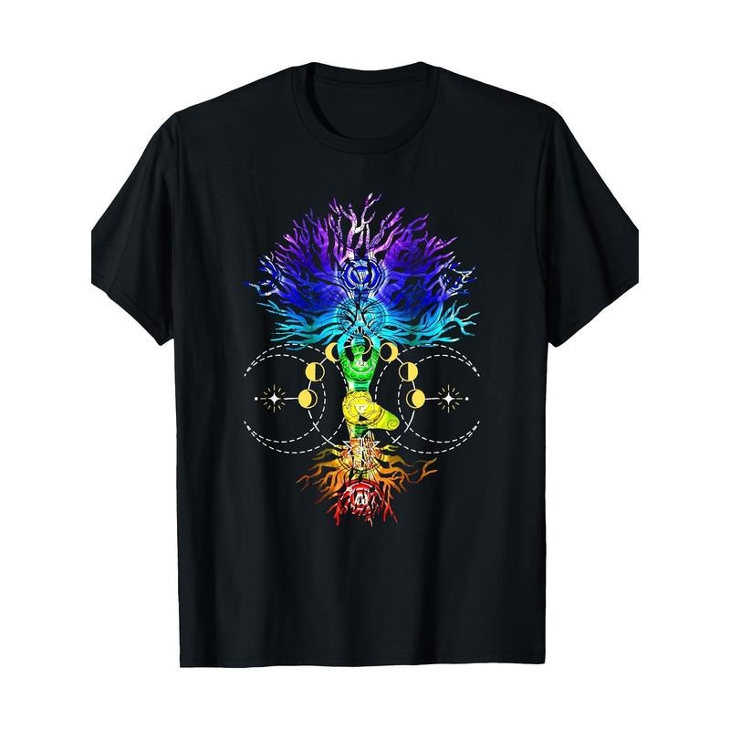 Chakra Tree of Life with Phases of the Moon Hatha Yoga 100% Cotton T-shirt Made in USA