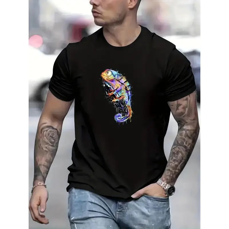 Chameleon Pattern Print Men's Comfy Chic T-shirt, Graphic Tee Men's Summer Outdoor Clothes, Men's Clothing, Tops For Men, Gift For Men Made in USA