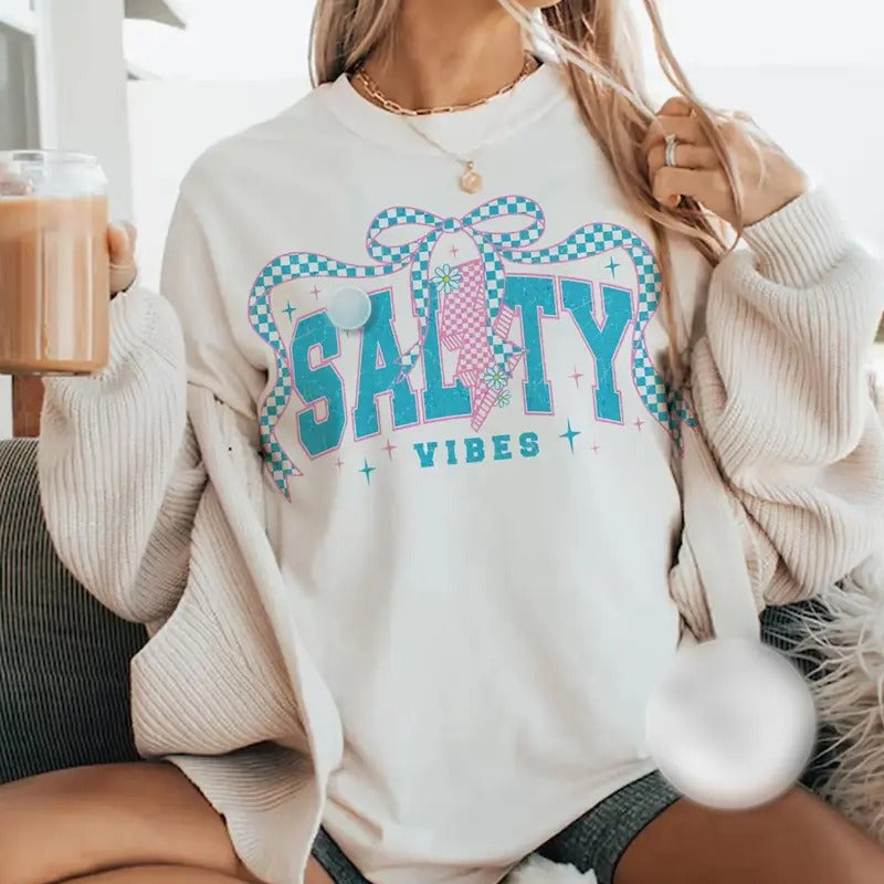 Checkerboard Salty Summer Shirt, Salty Coquette Summer Bow Shirt, Summer Beach Vibes Coquette Bow Tee, Summer Girly Gift