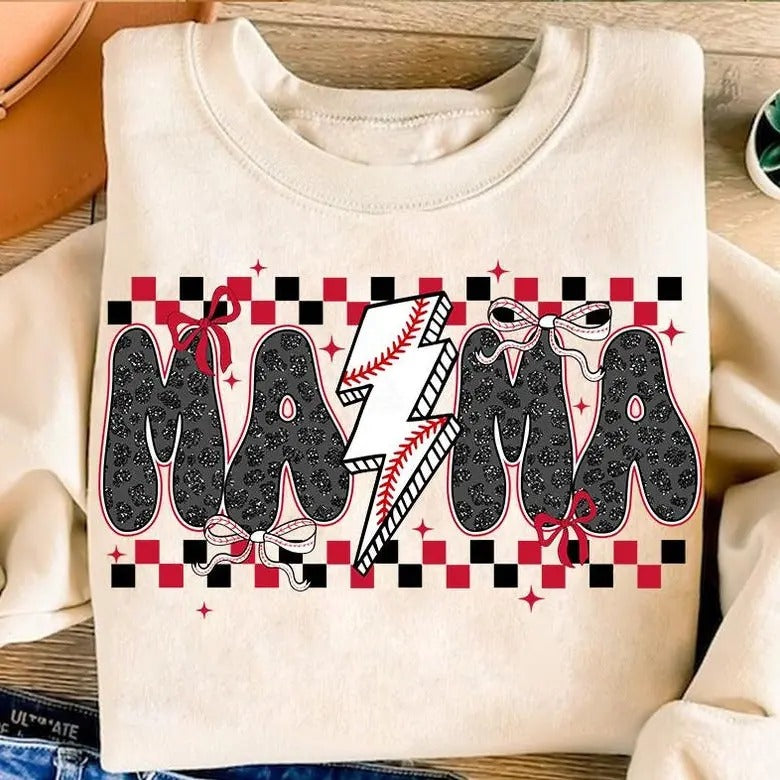 Checkered Baseball Mama , Coquette Baseball Bow , Game Day Lighting Bolt , Sports , Leopard Mama, Baseball Team Spirit Sweatshirt