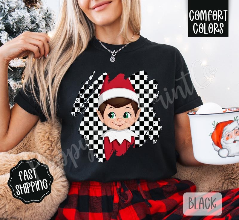 Checkered Elf Comfort Colors, Trendy Women's Christmas Tshirt