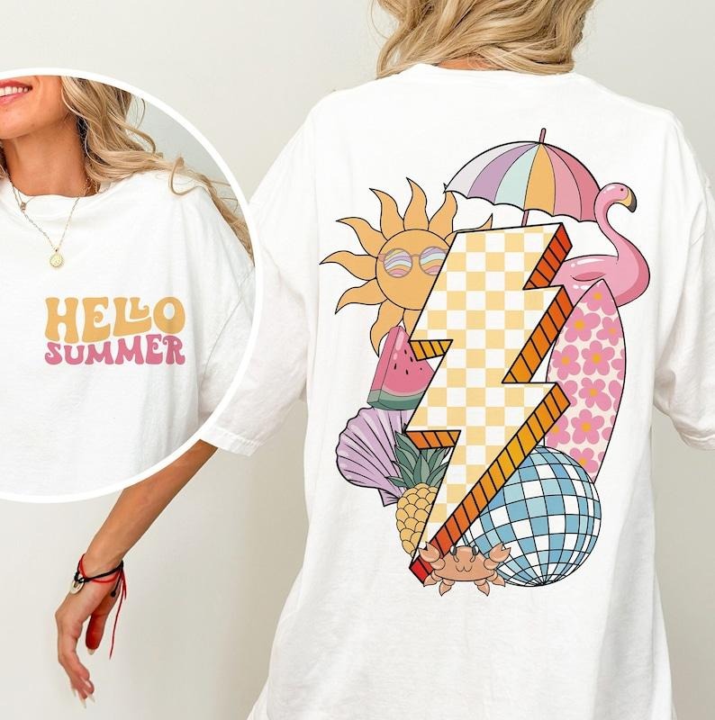 Checkered Lightning Summer T Shirt, Retro Summer Shirt, Groovy summer Hoodie, Beach Shirt Design, Summer aesthetic, Tshirt graphic designs