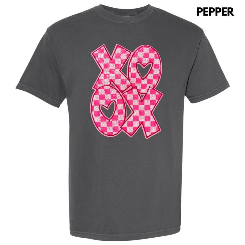 Checkered XOXO Pink Sequin Patch Comfort Colors T-Shirt
