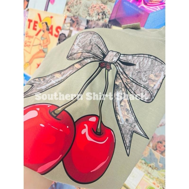 Cherrybomb Camo Bow T shirt | Khaki comfort colors t shirt | Cute Camo T shirt | Comfort Colors Shirt