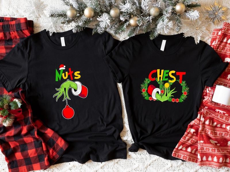 Chest Nuts Christmas Shirts, Matching Couples Christmas T-Shirt, Wife Husband Holiday Tee, New Married Gift Shirts.