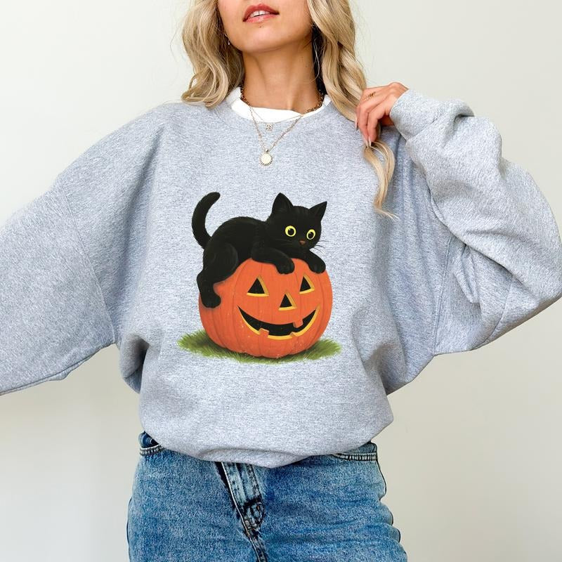 ChicCotton Vintage Black Cat On Pumpkin Sweatshirt, Retro 90s Halloween Crewneck, Fall Season Long Sleeve Pullover, Cat Lovers Sweater