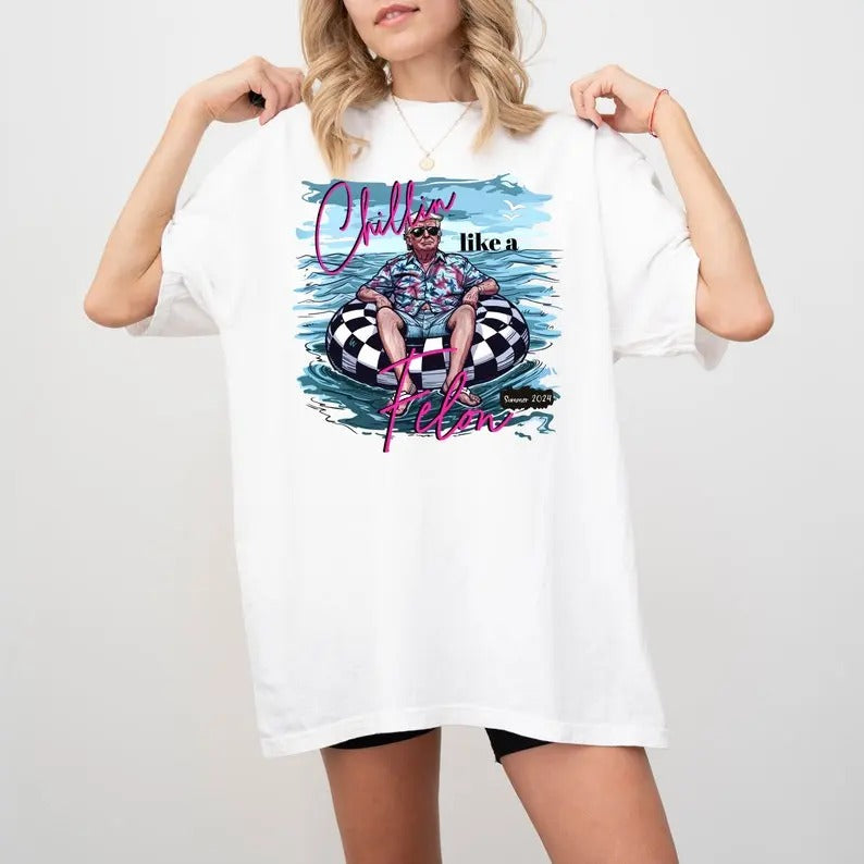 Chillin Like a Felon Comfort Colors Shirt, Trump Summer 2024 Tee, Patri0tic Shirt, Conser-vative Top Traditional Cotton Fabric