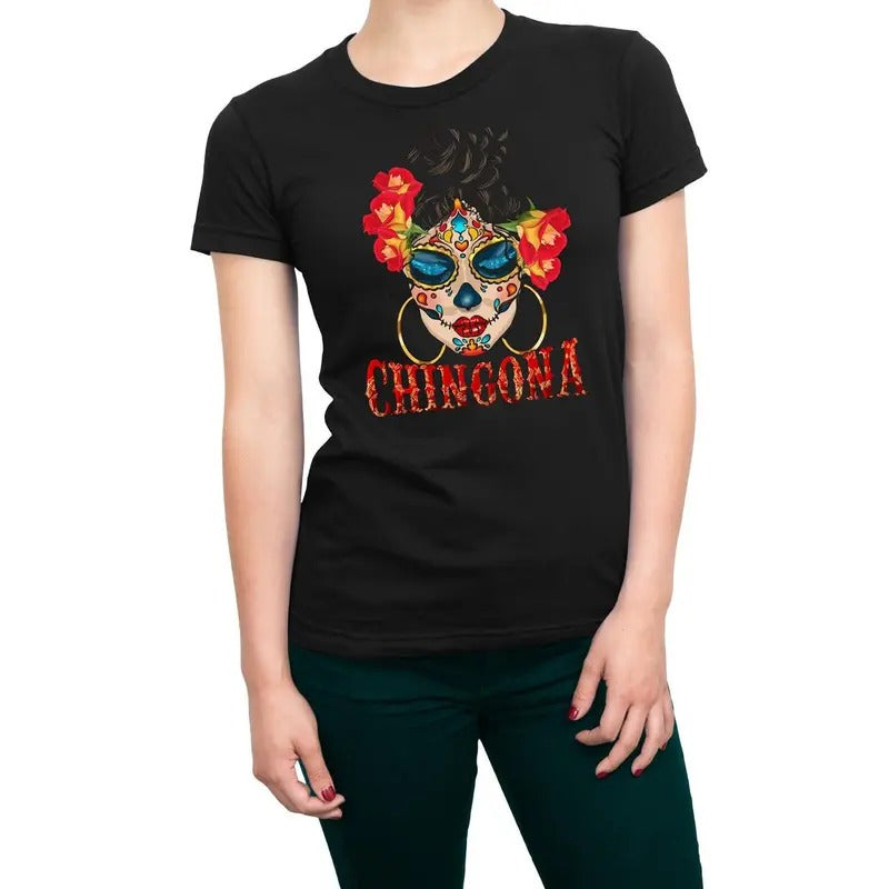 Chingona Mexican Funny Women's T-Shirt - Casual Cotton Crewneck with Printed Design and Colorful Text