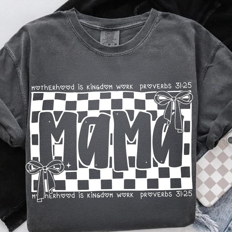 Christian Mom Shirt, Retro Checkered Mama Shirt, Motherhood Is Kingdom Work Shirt, Christian Mothers Day Shirt, Mama Shirt Design, Christian Shirt