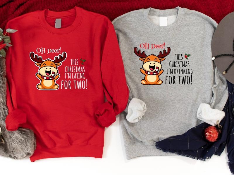 Christmas Baby Reveal Party Sweatshirt, Oh Deer! This Christmas I'm Drinking For Two Hoodie, Parents To Be Xmas Gift, I'm Eating For Two Sweater, Baby Announcement.