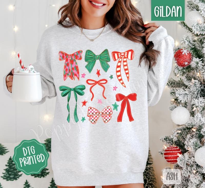 Christmas Bows Sweatshirt, Trendy Women's Holiday Crewneck