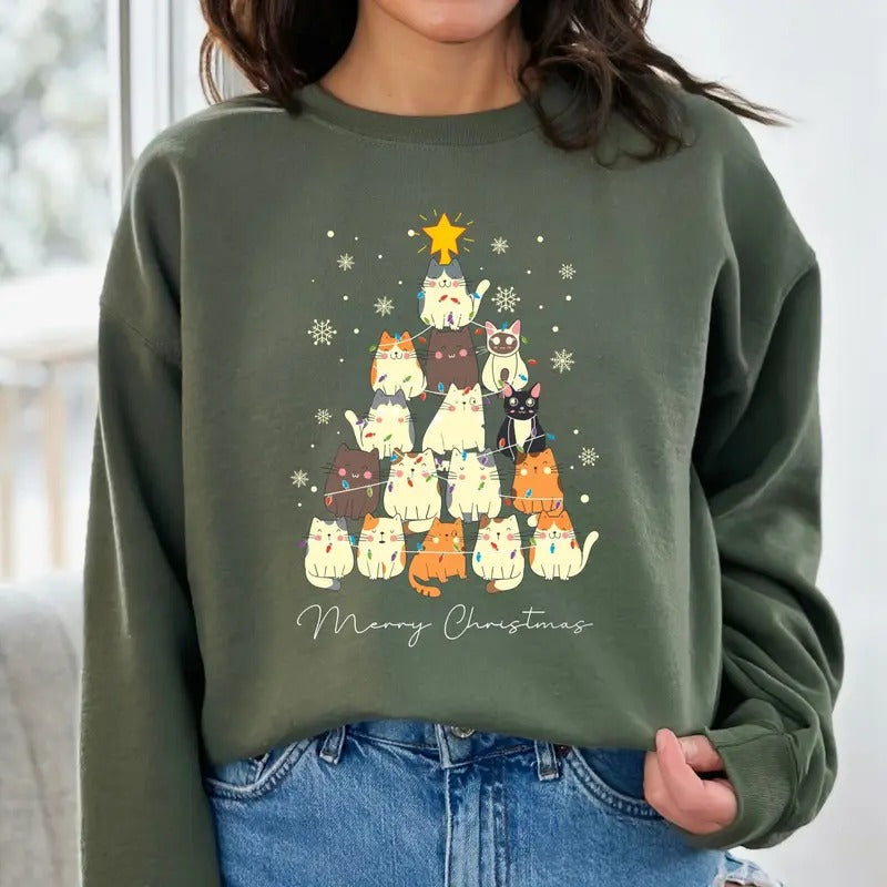 Christmas Cat Tree Sweatshirt, Christmas Cats Sweatshirt, Meow Christmas Sweatshirt,Cat Lover Gift,Holiday Sweatshirt,Cute Christmas Sweater