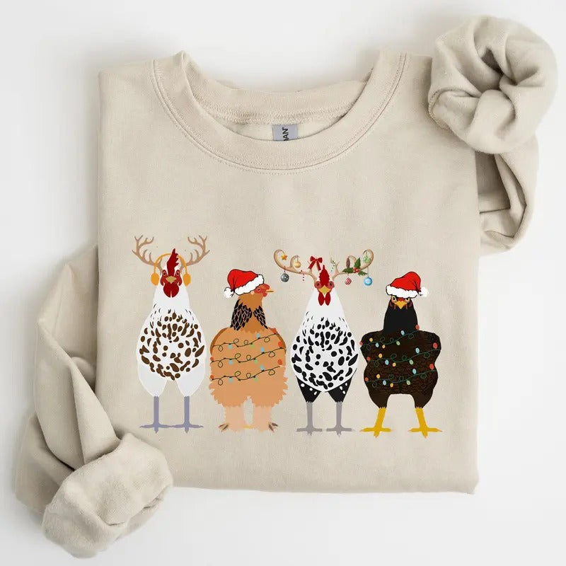 Christmas Chickens In A Row, Chicken Lovers, Santa, Farm Life, Winter, Snow, Xmas Sweatshirt, Women's Crew Neck, Crewneck