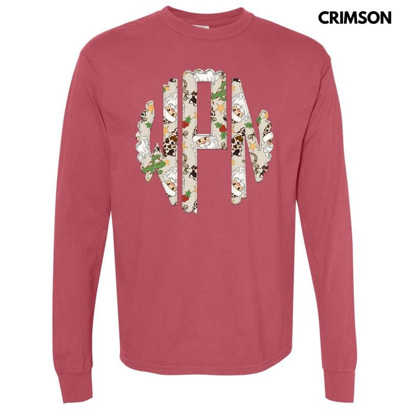 Christmas Cow Print Monogram Long Sleeve Comfort Colors T-Shirt 'NLB'