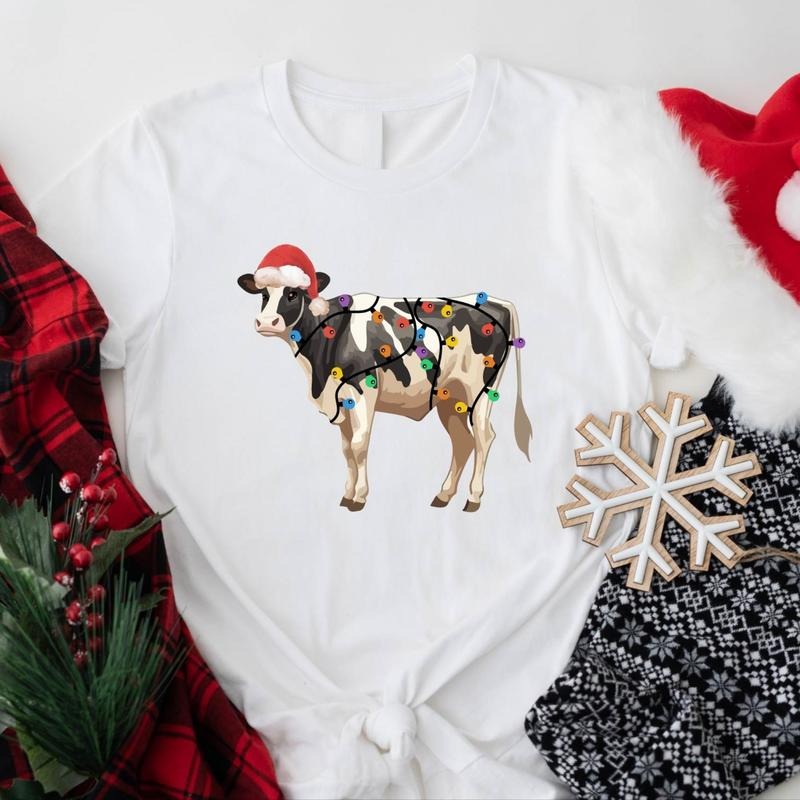 Christmas Cow Shirt, Cow Lights T-Shirt, Merry Christmoos Tee, Animal X-mas Party Gift Tee, Western Holiday Tee.