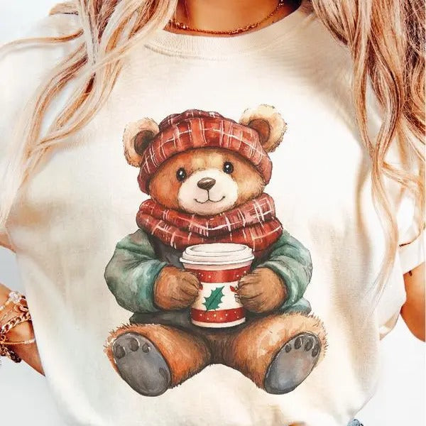 Christmas Cuddle Bear ~ Unisex Apparel Relaxed Fit Printed In The USA Clothing Womenswear Casual and Comfortable Cotton Crewneck