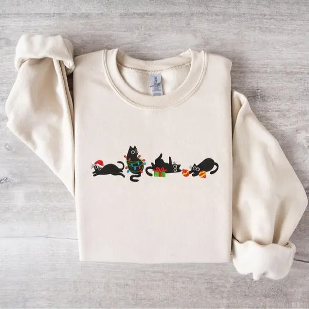 Christmas Cute Cat Embroidered Sweatshirt, Festive Holiday Cat Sweater, Cozy Christmas Pullover, Adorable Cat Lover Gift, Unisex Christmas Jumper