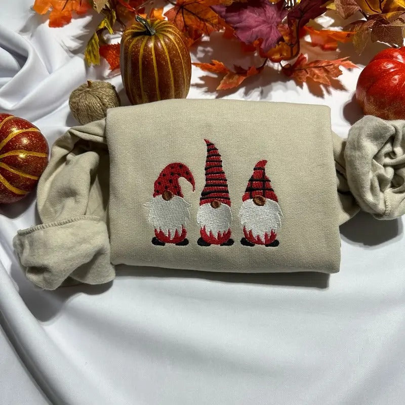 Christmas Gnomes Embroidered Sweatshirt- Comfortable and Soft Cotton Crewneck Top for Women and men Cute Hoodie christmas sweatshirt