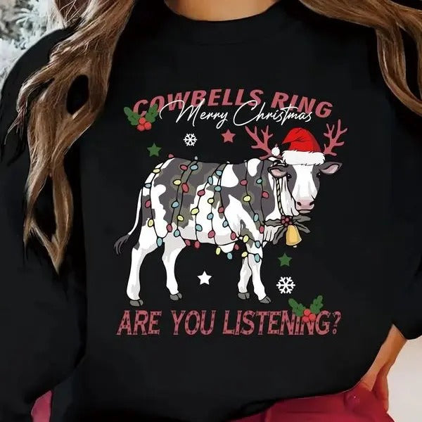 Christmas Lights Milky Cow Print Round Neck Pullover Sweatshirt, Country Life, Cowgirl, Cowboy Christmas Shirt, Milky Cow Xmas Tee