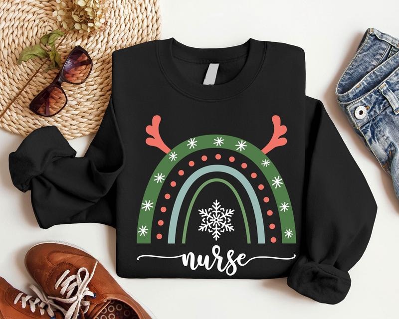 Christmas Nurse Sweatshirt, Rainbow Nurse Xmas Sweater, Cute Nurse Holiday Hoodie, Xmas Nursing School Crew Sweatshirt, Xmas NICU Pediatric Hoodie.