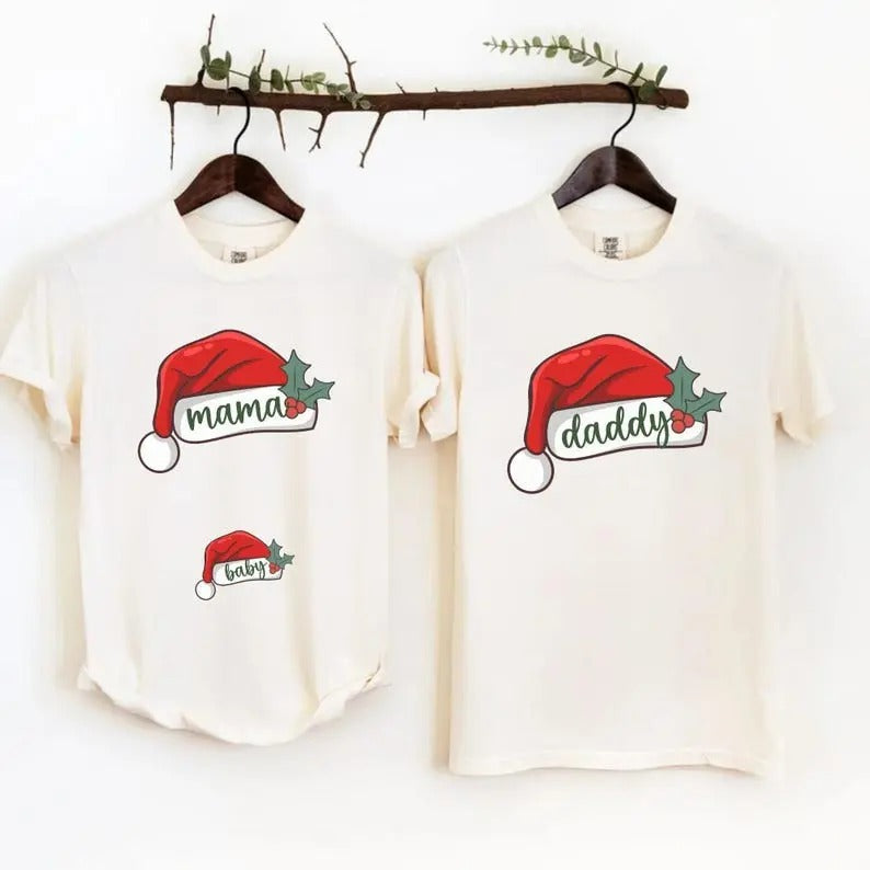 Christmas Pregnancy Announcement Mama Daddy Matching Christmas Baby Reveal Shirts Santa Hat Shirt Christmas Maternity Matching Couple Shirt