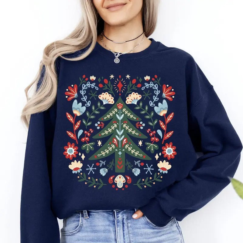 Christmas Tree Folk Art, Scandinavian, Classic, Santa, Floral Sweatshirt, Crewneck, Sweater, Xmas, Gift, Adorable