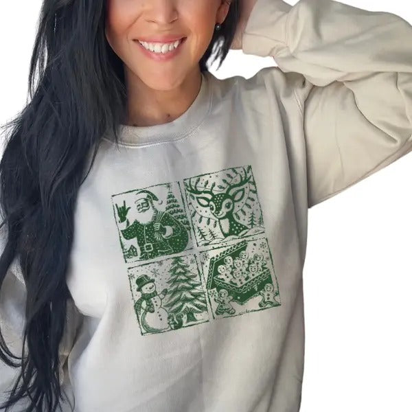 Classic Christmas Santa, Reindeer, Snowman, & gingerbread Sweatshirt | Festive Holiday Cozy Pullover | Perfect for Christmas Spirit & Nostalgic Vibes