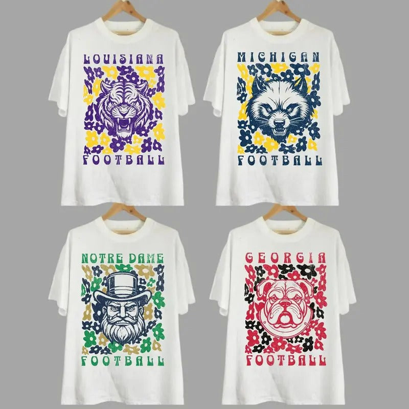 College All Teams NCAA Flower Mascot Custom T-shirt, Casual Cotton Unisex T-shirt, All Teams for Fan, Alabama, Clemson, Florida State, Notre Dame, Ole Miss